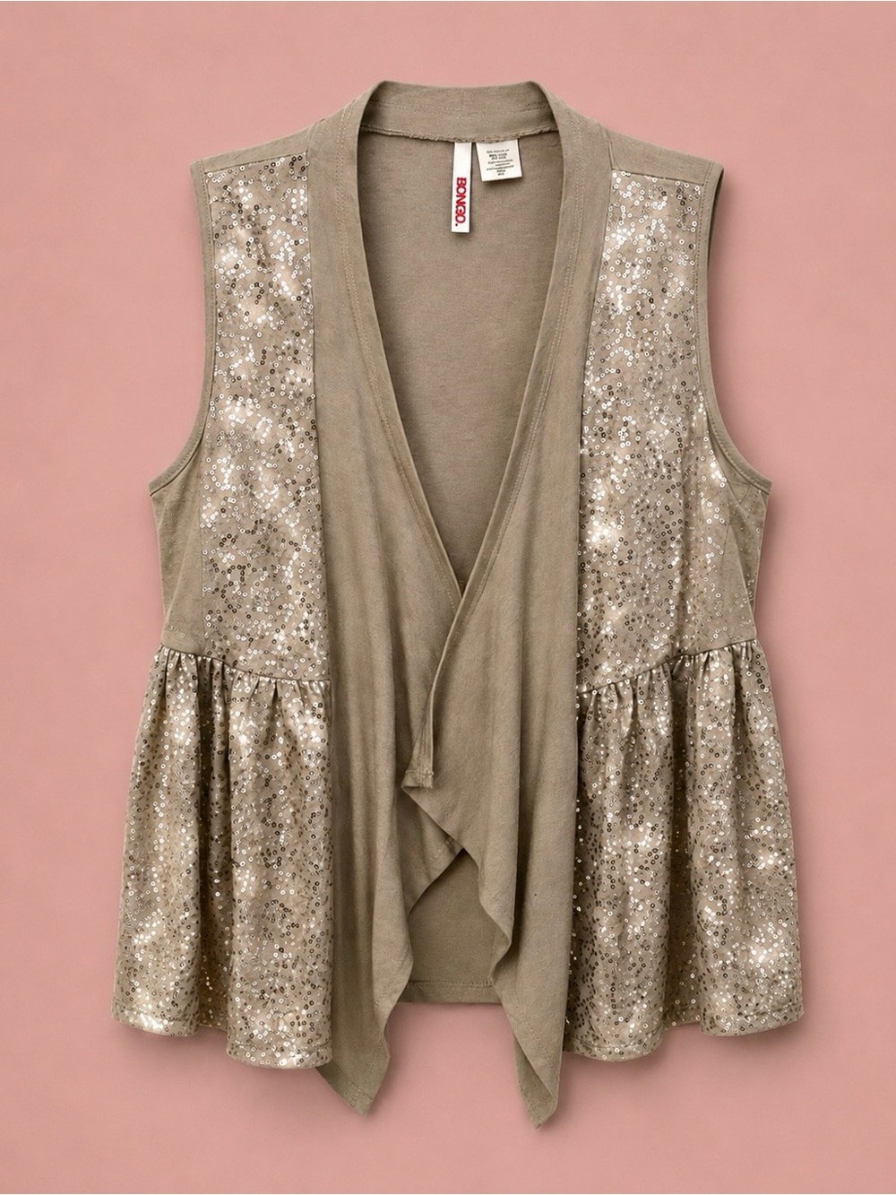 BONGO Taupe Sequin Draped Open-Front Vest